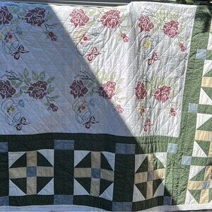 Handmade cross stitch & sewn patchwork cotton quilt 84”x104”